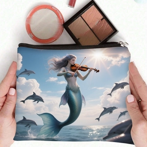 Trousse à maquillage en toile avec imprimé sirène et dauphins série océanique