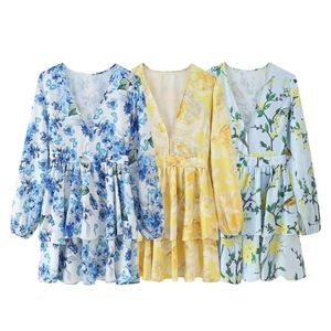 Floral V-neck tiered dress with lantern sleeves in blue, yellow and light blue colors