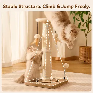 Stable sisal cat scratching post with wooden base and hanging feather ball toy