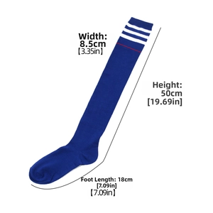 Detailed dimensions of navy blue thigh high socks with white stripes and length markers