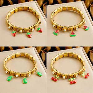 Gold Plated Stainless Steel Italian Charm Bracelet With Enamel Fruit Strawberry Cherry Watermelon Rhinestone