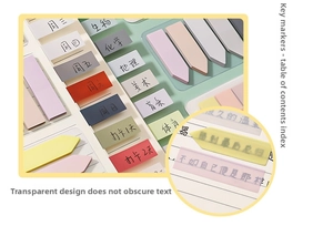 Detail of Morandi sticky notes showing semi-transparent material and index marker design