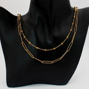 Women Double Layered Stainless Steel Necklace 18K Gold Plated Paperclip Link Bead Chain Minimalist Fashion Jewelry Accessories