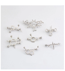 Set of 7 silver metal chemical molecular structure pins and heartbeat line brooches