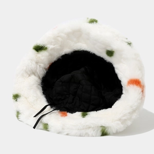 Weißer Angora-Imitat Fischerhut mit bunten Punkten und gestepptem Innenfutter Design