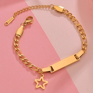 Detail of gold stainless steel NK chain bracelet with engravable bar and star charm