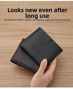 Detailed close-up of men's short wallets in black and dark brown litchi grain leather