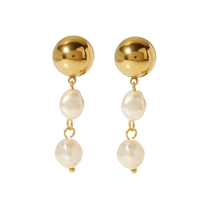 Elegant gold metal ball and white Baroque pearl drop earrings for women jewelry