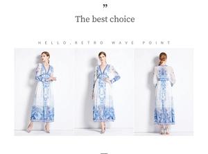 Vue en trois volets d'une robe longue à col en V avec imprimé floral bleu et taille haute