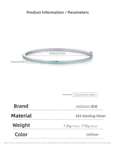 Size chart showing s925 sterling silver bangle dimensions with mint green enamel details