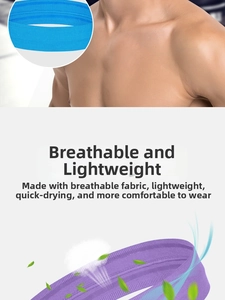 Detail showing blue and purple breathable sports headbands with high-elastic mesh fabric