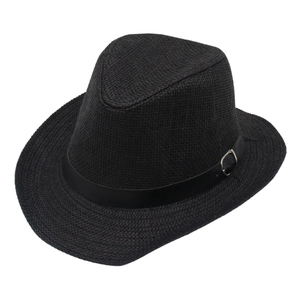 Detail of black straw fedora hat featuring a faux leather band with silver metal buckle