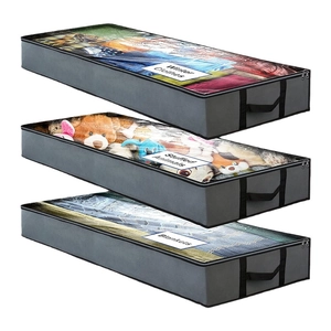 Three-tier stackable grey non-woven underbed storage bags with clear windows and handles