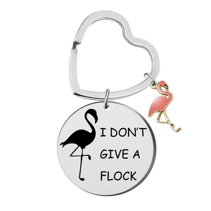 Flamingo stainless steel keychain with heart ring and I Don't Give A Flock slogan