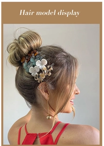 Detail of floral hair clips with acetate texture and rhinestones on hair model