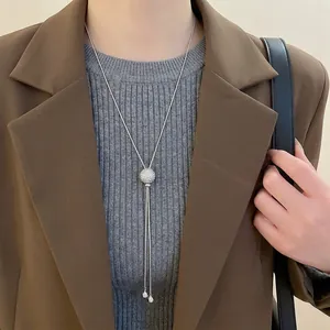 Zircon Pave Ball Pendant Long Necklace Adjustable Y Tassel Snake Chain Copper Jewelry For Women