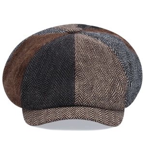 Vintage herringbone wool octagonal newsboy hat for men featuring a multi-color patchwork design