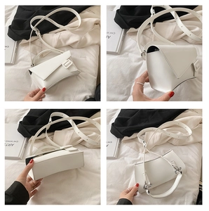 Detail shots of white crossbody bag with asymmetric flap and adjustable strap from multiple angles