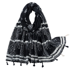 Bohemian paisley print linen scarf for women featuring monochrome tones and fringe tassels