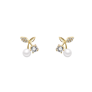 Exquisite gold cherry stud earrings with pearl and zircon detail on white backdrop