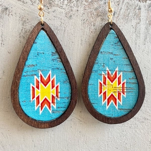 Teardrop Earrings Wood PU Leather Southwest Style Ethnic Pattern Bohemian Floral Women Jewelry