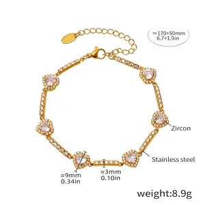 Detail showing gold heart zircon bracelet dimensions and stainless steel material