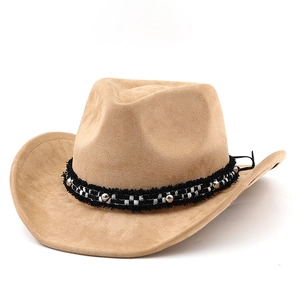 Khaki suede western cowboy hat with black and white woven ribbon and silver studs
