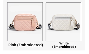 Close-up of pink and white quilted camera bags with stylish patterned straps