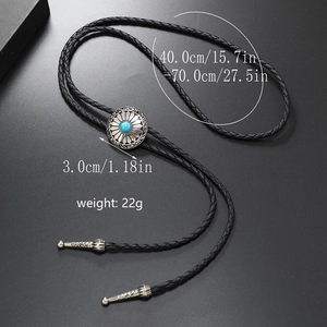 Retro turquoise flower bolo tie with black braided PU leather cord and silver tips