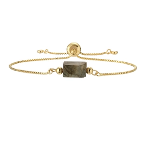Adjustable gold box chain bracelet with rectangular labradorite stone on white background