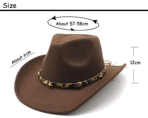 Size chart showing 57-58cm circumference and 8cm brim for brown western cowboy hat