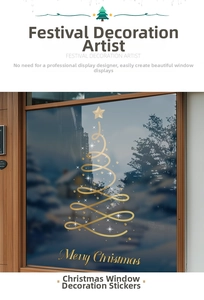Golden Christmas tree electrostatic window decal with Merry Christmas lettering on glass