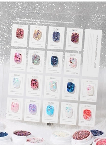 Detailed set of 18 shimmering nail art glitters and laser sequins on a luxury display board