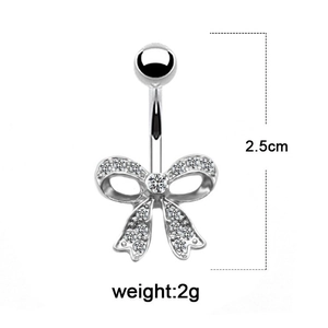 Piercing de nombril nœud argenté avec strass de 2,5 cm de long et 2 g de poids