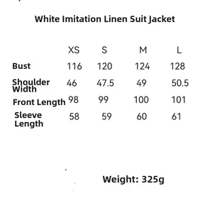 Size guide for women's loose white linen-look blazer coat with detailed measurements