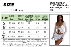 Size chart showing bust and waist measurements for lace hollow out top and skirt set