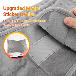 Detail of the gray plush waist heating pad showing upgraded Velcro and ergonomic fit