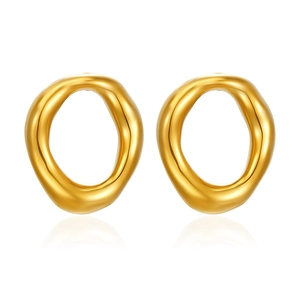 Polished 18K gold plated hollow geometric oval stud earrings for women on white background