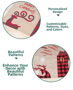 Detailed close-up of Christmas placemat with reindeer pattern and fine edge stitching