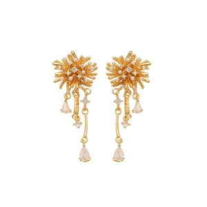 Gold-plated firework drop earrings with pearls and cubic zirconia on white background