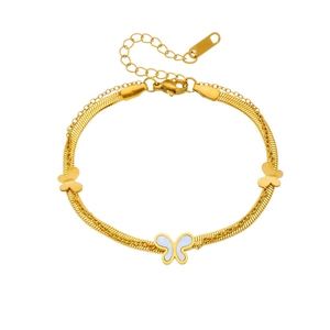 Double-layer gold plated stainless steel bracelet featuring white butterfly and charms