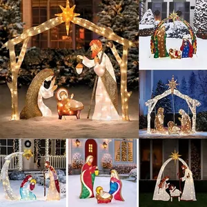 Outdoor LED Christmas Nativity scene yard decor with warm lights and metal frame