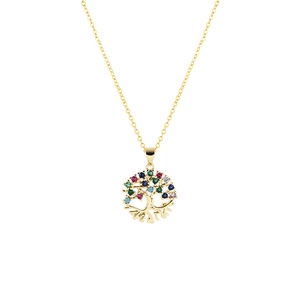 Detailed close-up of 18K gold plated Tree of Life pendant with colorful zircon stones