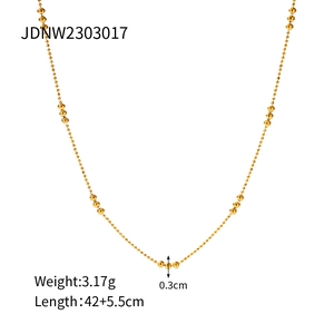 Detail view of gold beaded stainless steel necklace with size and weight specifications