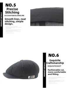 Detail of precise stitching and grey striped fabric on a men's newsboy flat cap