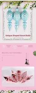 Detail view of blue and pink gourd-shaped ornaments with textured metallic finish