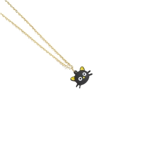 Cute black cat pendant necklace in gold finish for women with enamel cartoon charm