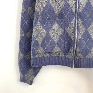 Diamond pattern knit bomber jacket with metallic zipper and ribbed hem in navy and grey