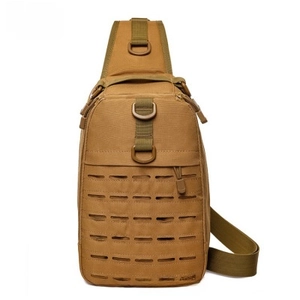 Tactical coyote brown chest bag detail with laser-cut MOLLE system and durable D-rings
