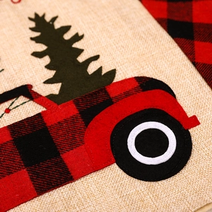 Linen Christmas chair cover with red buffalo plaid truck and green tree applique